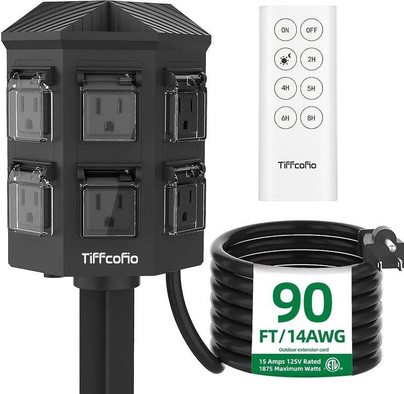Tiffcofio Outdoor Power Strip with 90FT Extension Cord, 100FT Remote Control, Dusk to Dawn Light Timer Waterproof, 6 Grounded Outlets for Yard, Pool and Garden, ETL Listed (90 FT) - Image 1